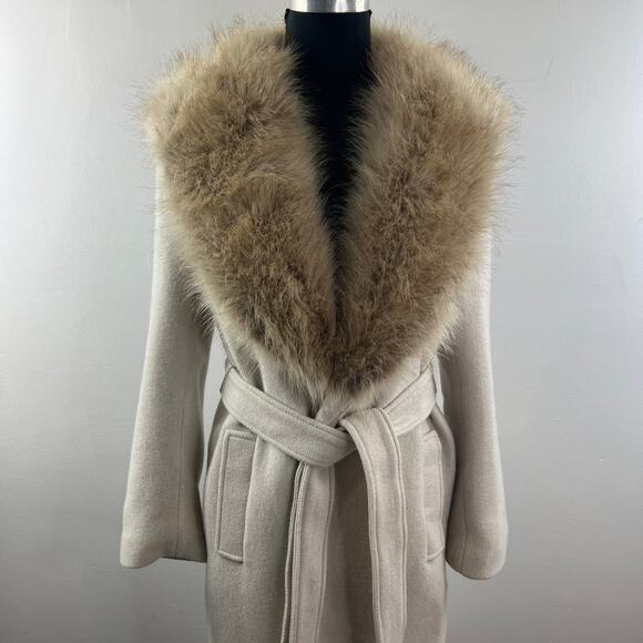 ZARA Long Wool Beige Coat Lined Knit Pockets Faux Fur Neck Back Slit Sz Medium M - Picture 2 of 12